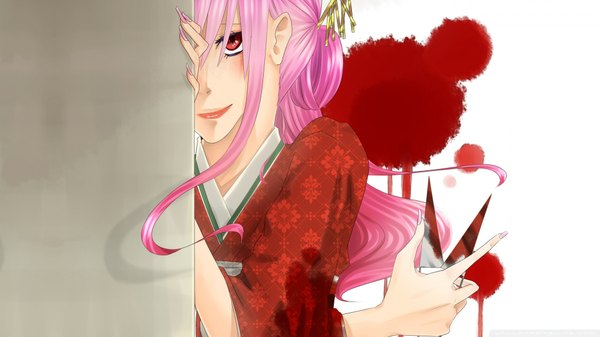 Anime picture 1920x1080 with vocaloid megurine luka single long hair highres simple background smile red eyes wide image white background pink hair nail polish japanese clothes light smile lipstick peep girl hair ornament kimono blood