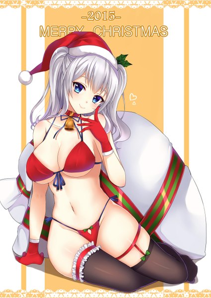 Anime picture 1000x1413 with kantai collection kashima training cruiser hasu (velicia) single long hair tall image looking at viewer breasts blue eyes light erotic large breasts white hair christmas merry christmas 2015 girl thighhighs gloves navel black thighhighs