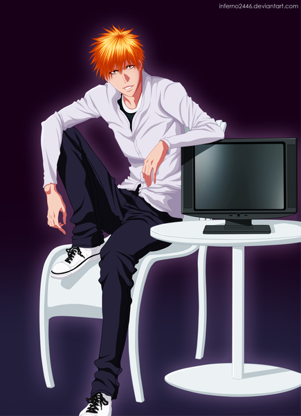 Anime picture 1695x2335 with bleach studio pierrot kurosaki ichigo inferno2446 single tall image short hair smile orange hair orange eyes coloring black background boy shirt pants chair table television