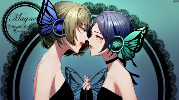 Anime picture 1920x1080 with idolmaster idolmaster cinderella girls magnet (vocaloid) takagaki kaede hayami kanade asd13 highres short hair open mouth brown hair wide image bare shoulders multiple girls green eyes signed blue hair nail polish character names holding hands face to face