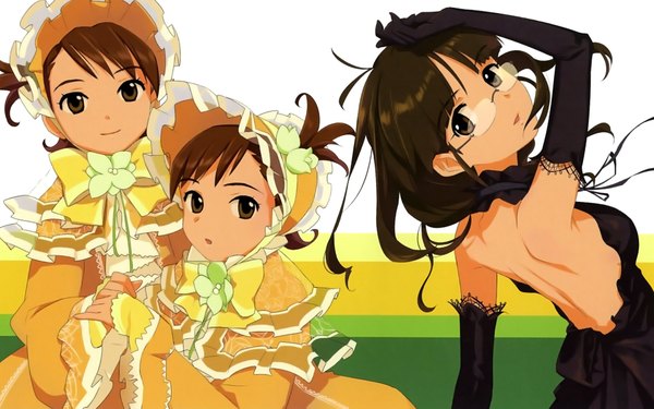 Anime picture 1920x1200 with idolmaster idolmaster (classic) akizuki ritsuko futami mami futami ami looking at viewer highres short hair open mouth brown hair wide image multiple girls brown eyes looking back light smile girl dress gloves glasses elbow gloves