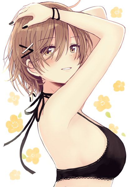 Anime picture 2894x4093 with original sakura oriko single tall image looking at viewer blush fringe highres short hair breasts light erotic simple background smile hair between eyes brown hair large breasts white background brown eyes ahoge upper body