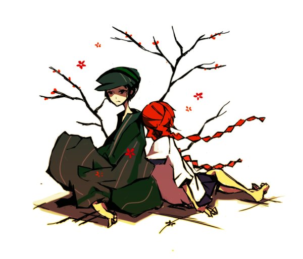 Anime picture 1318x1130 with original kiku (kicdoc) long hair short hair black hair white background sitting red hair braid (braids) traditional clothes japanese clothes barefoot black eyes twin braids back to back girl boy skirt flower (flowers) hat