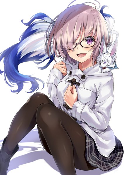 Anime picture 723x1023 with fate (series) fate/grand order mash kyrielight fou (fate) kakao rantan single tall image looking at viewer fringe short hair open mouth simple background smile white background sitting purple eyes pink hair ahoge bent knee (knees) long sleeves