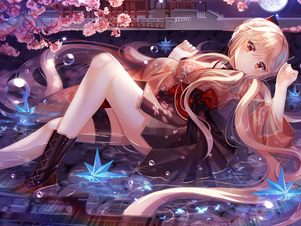 Anime picture 6000x4500 with girls frontline ots-14 (girls frontline) ecu8080 single looking at viewer blush fringe highres blonde hair hair between eyes brown eyes absurdres bent knee (knees) outdoors very long hair traditional clothes head tilt japanese clothes night wide sleeves