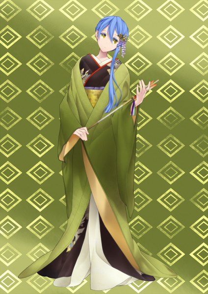 Anime picture 1500x2121 with original masami (souzou jinsei sanka) single long hair tall image looking at viewer yellow eyes blue hair traditional clothes japanese clothes hair flower girl hair ornament flower (flowers) weapon kimono bow (weapon)