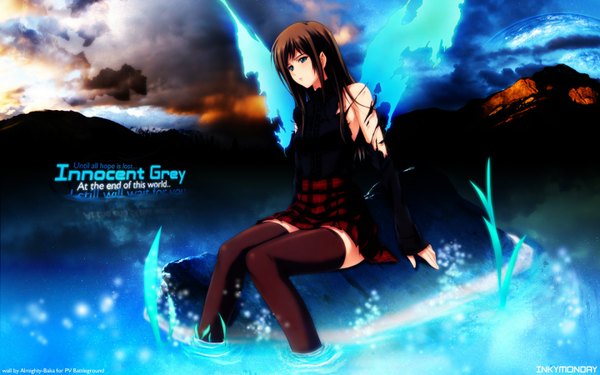 Anime picture 1440x900 with long hair blue eyes brown hair wide image torn clothes girl thighhighs skirt miniskirt wings