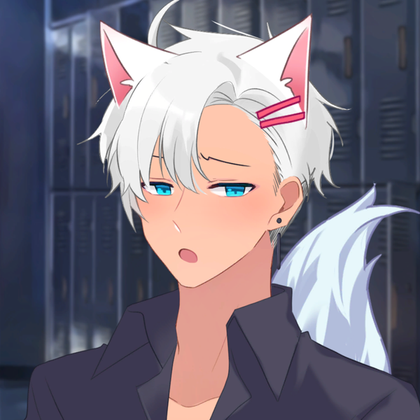 Anime picture 1024x1024 with original sajox single looking at viewer blush fringe short hair open mouth blue eyes hair between eyes animal ears upper body ahoge white hair indoors tail animal tail :o fox ears fox tail