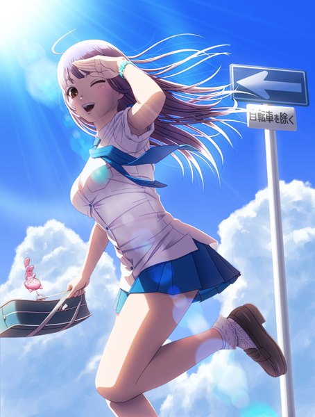 Anime picture 1135x1500 with original mankappa single long hair tall image blush fringe open mouth smile brown hair standing sky cloud (clouds) pleated skirt one eye closed wink sunlight happy running girl