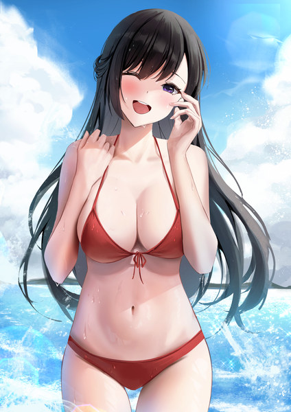 Anime picture 1500x2122 with original po ppe single long hair tall image looking at viewer blush fringe breasts open mouth light erotic black hair hair between eyes large breasts standing purple eyes sky cloud (clouds) outdoors head tilt