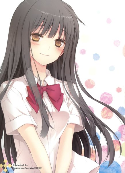 Anime picture 1200x1650 with kimi ni todoke production i.g kuronuma sawako cuteg single long hair tall image looking at viewer blush fringe black hair simple background smile white background brown eyes yellow eyes grey hair girl uniform bow