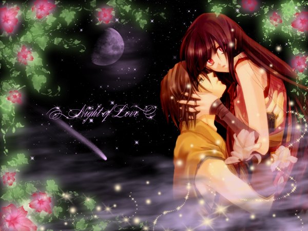 Anime picture 1600x1200 with masuda megumi long hair short hair red eyes brown hair profile inscription wallpaper hug third-party edit girl boy flower (flowers) detached sleeves moon full moon