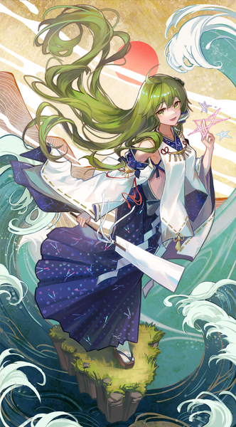 Anime-Bild 1288x2326 mit touhou kochiya sanae kyusoukyu single long hair tall image looking at viewer open mouth standing green eyes full body ahoge traditional clothes :d japanese clothes green hair nontraditional miko girl detached sleeves star (symbol)