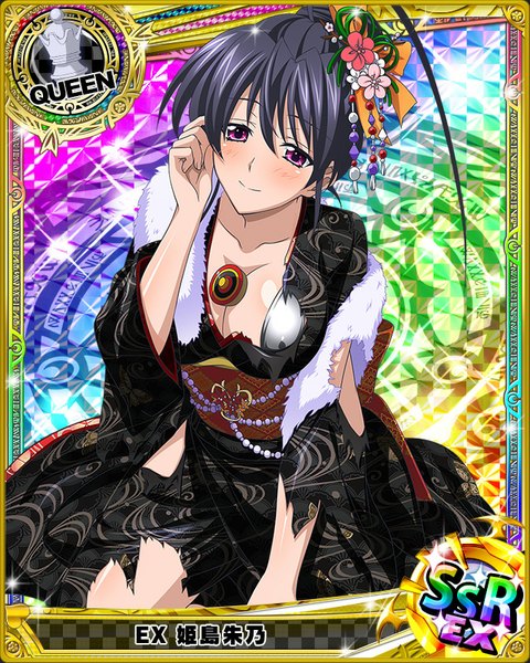 Anime picture 640x800 with highschool dxd himejima akeno single tall image looking at viewer blush light erotic black hair smile purple eyes cleavage traditional clothes japanese clothes torn clothes alternate hairstyle card (medium) hair up girl hair ornament kimono