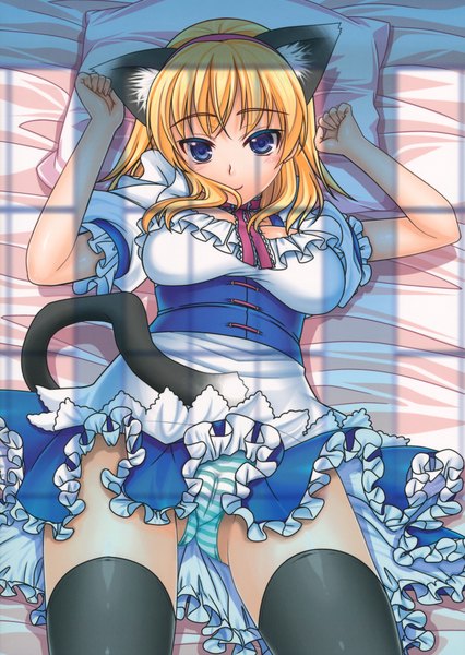 Anime picture 1420x2000 with touhou alice margatroid shigemiya kyouhei (artist) single long hair tall image looking at viewer blue eyes light erotic blonde hair animal ears tail animal tail cat ears cat girl cat tail girl thighhighs dress underwear