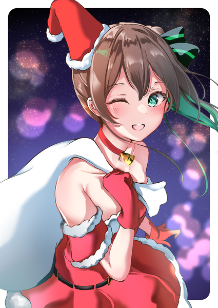 Anime picture 4299x6071 with virtual youtuber hololive natsuiro matsuri mika uni single long hair tall image blush fringe highres open mouth hair between eyes brown hair green eyes absurdres one eye closed wink side ponytail border ;d
