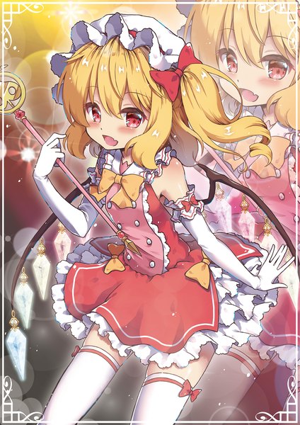 Anime picture 1323x1871 with touhou flandre scarlet beni kurage single long hair tall image looking at viewer blush open mouth blonde hair smile red eyes one side up framed zoom layer double buttons girl thighhighs dress gloves