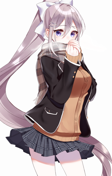 Anime picture 1270x2000 with virtual youtuber nijisanji higuchi kaede sinsihukunokonaka single tall image looking at viewer blush fringe open mouth simple background hair between eyes white background purple eyes silver hair ponytail very long hair pleated skirt open clothes mole