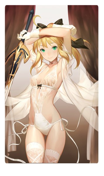 Anime picture 661x1120 with fate (series) fate/grand order fate/unlimited codes artoria pendragon (all) saber lily salmon88 single long hair tall image blush fringe breasts light erotic blonde hair smile standing holding green eyes payot ahoge