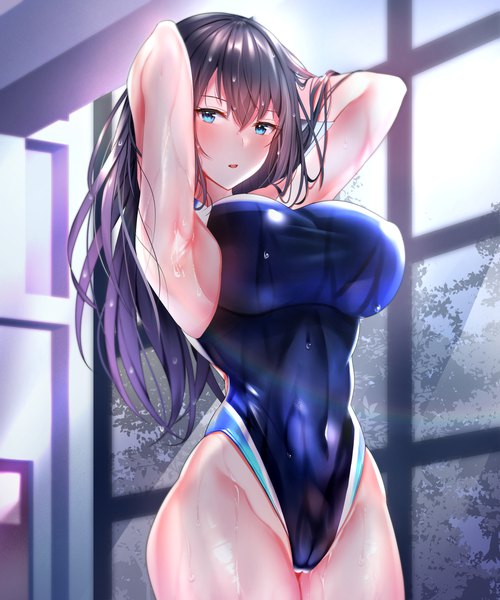 Anime picture 1800x2160 with original diletta single long hair tall image looking at viewer blush fringe highres breasts open mouth blue eyes light erotic black hair hair between eyes large breasts standing indoors sunlight armpit (armpits)