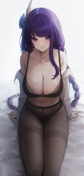 Anime picture 1500x3117 with genshin impact raiden shogun lunia single long hair tall image looking at viewer fringe breasts light erotic large breasts sitting purple eyes cleavage purple hair blunt bangs braid (braids) parted lips from above off shoulder