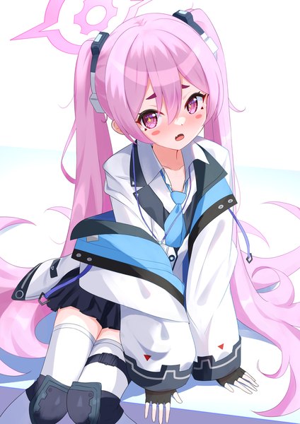Anime picture 2894x4093 with blue archive koyuki (blue archive) cpk prd single tall image looking at viewer fringe highres open mouth simple background hair between eyes white background twintails pink hair very long hair pink eyes from above off shoulder blush stickers girl