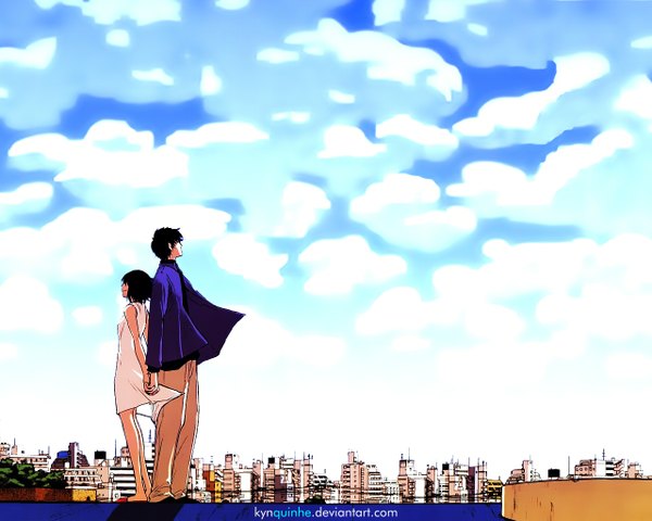 Anime picture 1280x1024 with nhk ni youkoso gonzo nakahara misaki satou tatsuhiro ooiwa kenji kynquinhe short hair black hair signed sky cloud (clouds) profile wind city holding hands cityscape third-party edit back to back girl boy