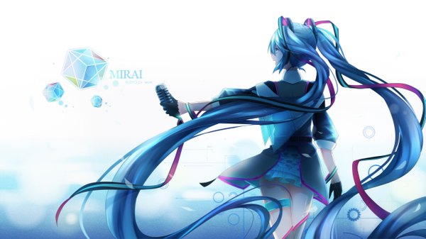 Anime picture 2559x1439 with vocaloid magical mirai (vocaloid) hatsune miku magical mirai miku magical mirai miku (2015) asahi kuroi single highres blue eyes wide image twintails blue hair looking away very long hair girl dress gloves hair ornament black gloves microphone