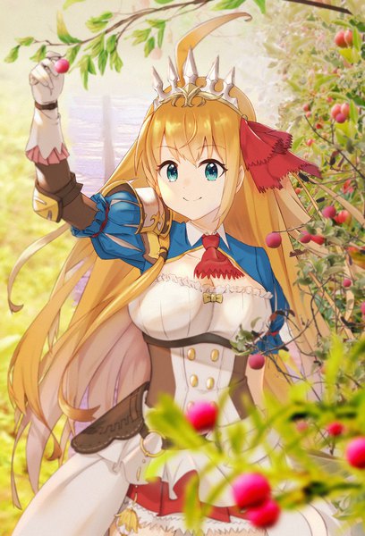 Anime picture 1394x2048 with princess connect! re:dive princess connect! pecorine (princess connect!) e.k. single long hair tall image looking at viewer fringe breasts blue eyes smile hair between eyes large breasts payot cleavage ahoge outdoors braid (braids) arm up