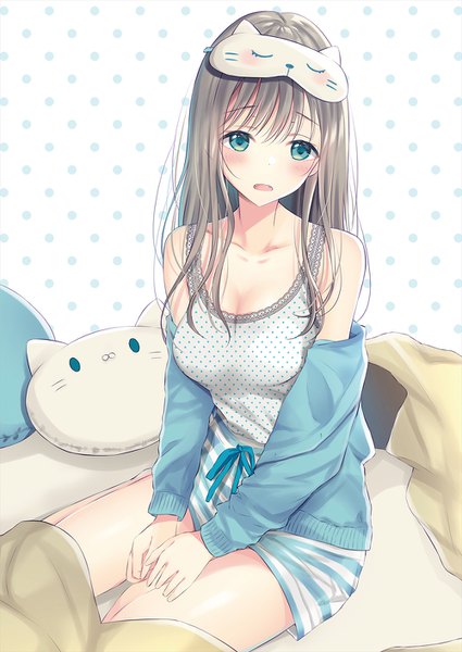 Anime picture 1000x1412 with original ueno tomo single long hair tall image looking at viewer blush fringe breasts open mouth blue eyes brown hair sitting striped polka dot girl shorts pillow short shorts sleep mask
