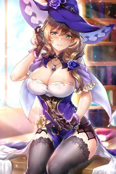 Anime picture 4000x6000 with genshin impact lisa (genshin impact) rei kun single long hair tall image looking at viewer blush fringe highres breasts light erotic smile hair between eyes brown hair large breasts sitting green eyes absurdres cleavage
