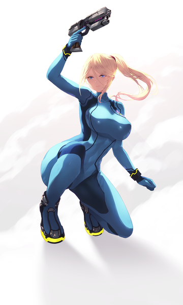 Anime picture 3898x6496 with metroid samus aran cait single long hair tall image looking at viewer fringe highres breasts blue eyes light erotic simple background blonde hair hair between eyes large breasts white background holding payot absurdres