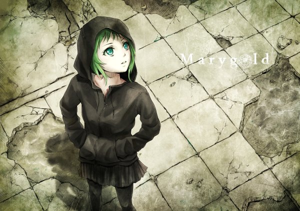 Anime picture 1200x845 with vocaloid gumi nuwanko single blush short hair blue eyes green hair looking up checkered floor hands in pockets girl skirt hoodie