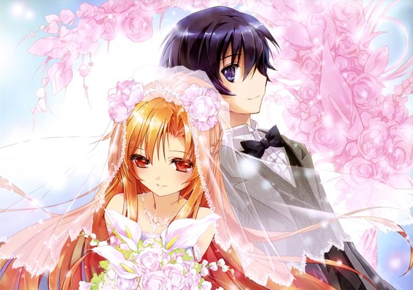 Anime picture 3806x2675 with sword art online a-1 pictures yuuki asuna kirigaya kazuto aigamo hiroyuki long hair looking at viewer blush highres short hair black hair smile brown hair brown eyes absurdres hair flower light smile from above scan official art