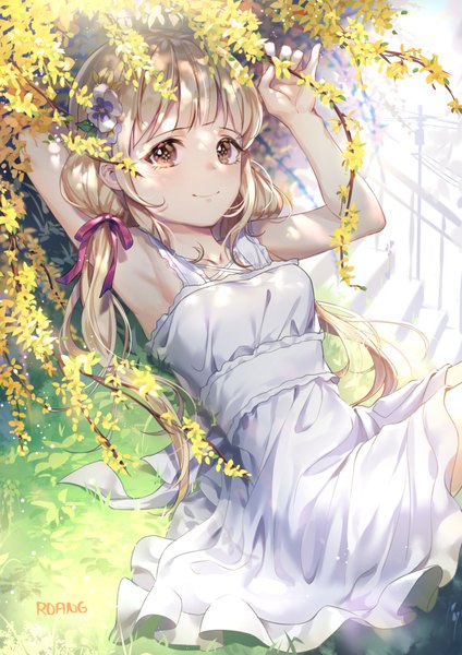 Anime picture 700x990 with idolmaster idolmaster cinderella girls futaba anzu roang single long hair tall image looking at viewer blush fringe breasts blonde hair smile twintails signed yellow eyes outdoors lying hair flower arms up