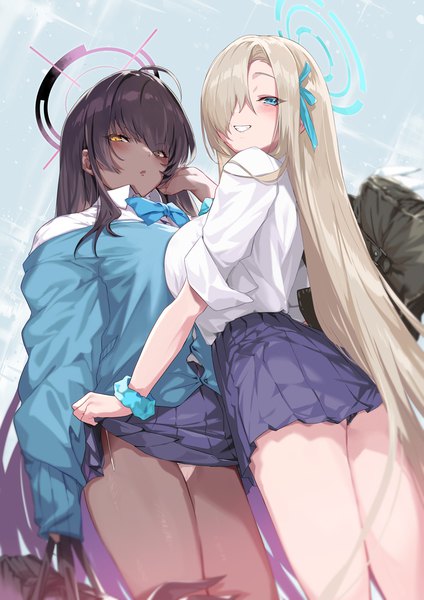 Anime picture 800x1131 with blue archive asuna (blue archive) karin (blue archive) ohland tall image looking at viewer fringe blue eyes light erotic black hair blonde hair smile multiple girls yellow eyes ahoge very long hair pleated skirt hair over one eye from below pantyshot