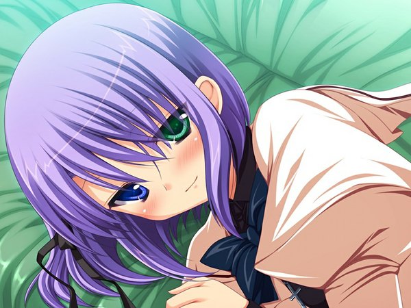 Anime picture 1024x768 with sacred vampire (game) blush short hair smile game cg purple hair lying heterochromia girl uniform school uniform bowtie cross