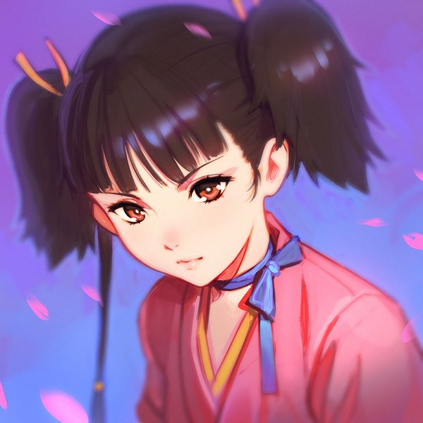 Anime picture 1080x1080 with koutetsujou no kabaneri wit studio mumei (kabaneri) ilya kuvshinov single fringe short hair simple background brown hair twintails brown eyes looking away upper body traditional clothes head tilt japanese clothes from above wind lips lipstick