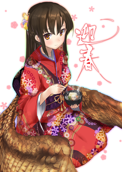 Anime picture 749x1055 with original tadano magu single long hair tall image looking at viewer blush fringe smile hair between eyes brown hair white background sitting holding brown eyes payot full body bent knee (knees) traditional clothes japanese clothes