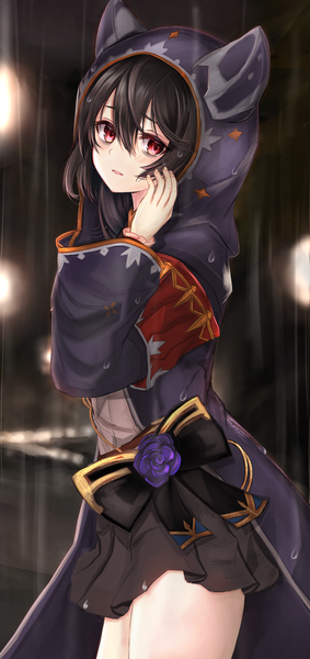 Anime picture 943x1997 with granblue fantasy nier (granblue fantasy) efuri (riarea00) single long hair tall image looking at viewer blush fringe open mouth black hair hair between eyes red eyes standing animal ears long sleeves head tilt pleated skirt arm up night