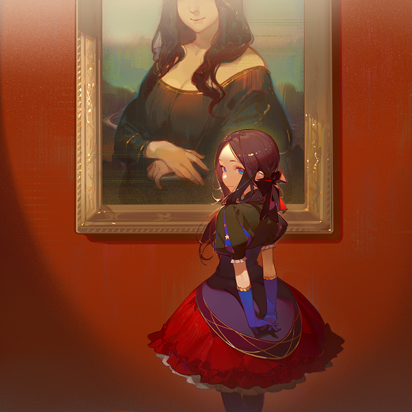 Anime picture 1000x1000 with fate (series) fate/grand order leonardo da vinci (fate) mona lisa ask (askzy) single long hair looking at viewer fringe blue eyes brown hair standing payot looking back light smile from behind short sleeves puffy sleeves hands behind back hands clasped