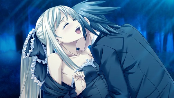 Anime picture 1024x576 with sousouki reginald long hair short hair open mouth black hair wide image bare shoulders game cg white hair eyes closed couple girl dress boy frills