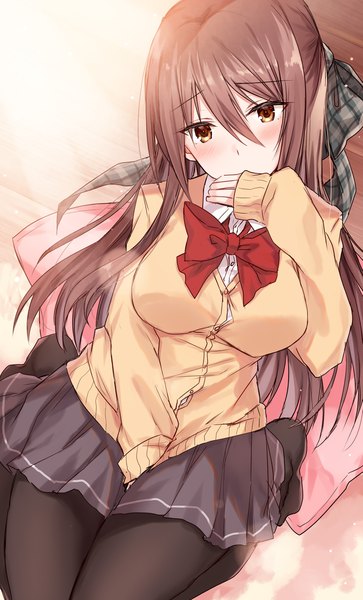 Anime picture 1433x2366 with original kinona (kino10) single long hair tall image looking at viewer blush fringe breasts hair between eyes brown hair large breasts sitting brown eyes payot full body long sleeves head tilt pleated skirt arm up