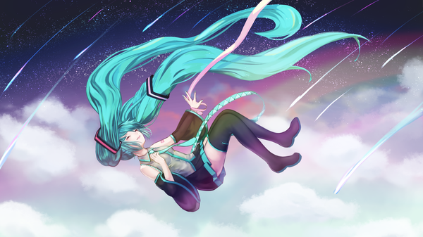 Anime picture 1920x1080 with vocaloid hatsune miku sly930105 single highres wide image twintails full body eyes closed very long hair aqua hair falling shooting star girl detached sleeves necktie boots star (stars) thigh boots