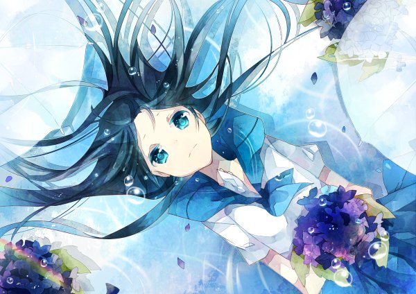 Anime-Bild 1200x848 mit original omutatsu single long hair looking at viewer black hair aqua eyes girl uniform flower (flowers) school uniform petals bubble (bubbles) bouquet rainbow