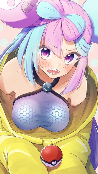 Anime picture 736x1310 with pokemon pokemon (game) pokemon sv nintendo iono (pokemon) mirai (macharge) single long hair tall image looking at viewer blush breasts open mouth light erotic large breasts purple eyes blue hair pink hair multicolored hair from above