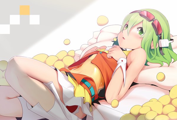 Anime picture 1200x815 with vocaloid gumi shimamura single blush short hair bare shoulders green eyes lying green hair girl dress boots sunglasses