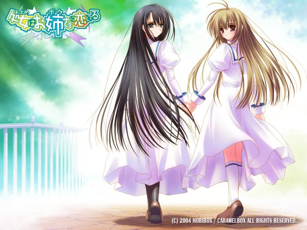 Anime picture 1600x1200 with otome wa boku ni koishiteru feel (studio) miyanokouji mizuho juujou shion norita long hair looking at viewer fringe black hair hair between eyes brown hair multiple girls brown eyes full body very long hair looking back black eyes sunlight copyright name holding hands