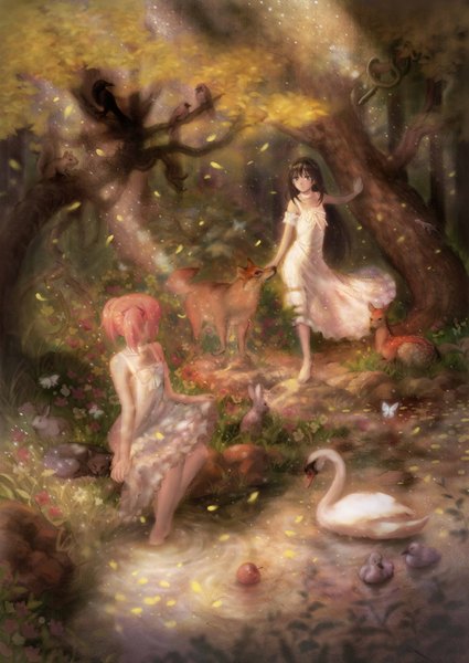 Anime picture 1274x1800 with mahou shoujo madoka magica shaft (studio) akemi homura kaname madoka jao (artofjao) long hair tall image blush short hair black hair sitting purple eyes twintails bare shoulders multiple girls looking away pink hair outdoors barefoot sunlight