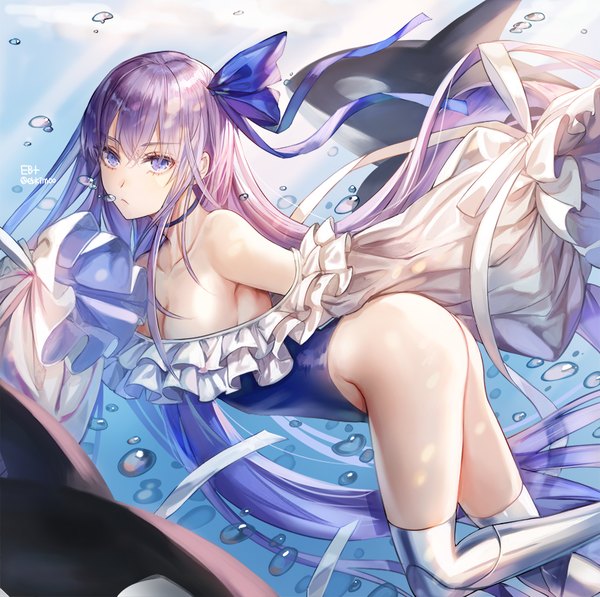 Anime picture 899x895 with fate (series) fate/grand order meltryllis (fate) meltryllis (swimsuit lancer) (fate) kim eb single long hair looking at viewer fringe breasts blue eyes light erotic hair between eyes bare shoulders signed cleavage purple hair bent knee (knees) ass wide sleeves